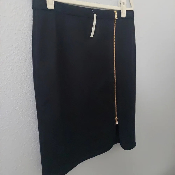 J.Crew Wool Knee length Pencil Skirt Black -Gold Assymmetrical front zip 12p - Picture 5 of 12